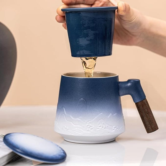 Tea Cup with Infuser and Lid 15oz - Kiln-Transformed Ceramic Mug with Mountain-Ocean Relief, Blue-White Gradient Wood Handle Tea Set, Anniversary Birthday Gift