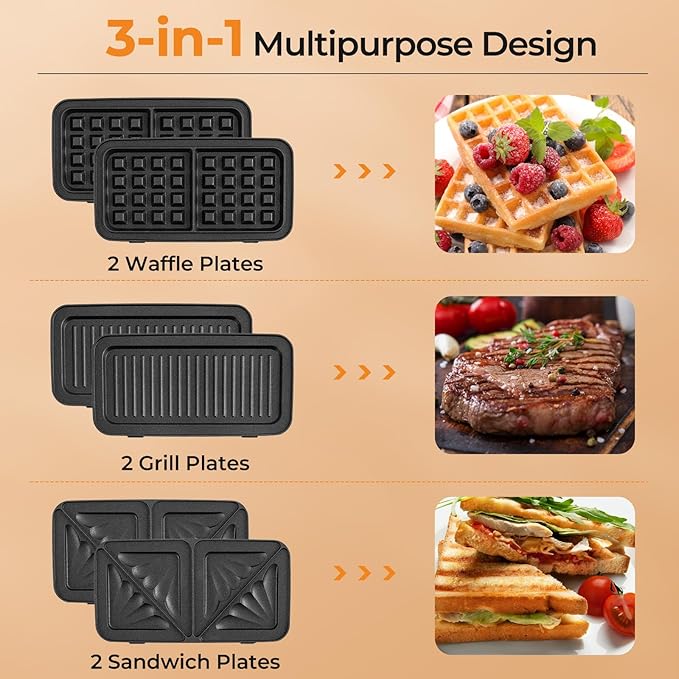 ARLIME Waffle Maker with Removable Plates, 1082W Electric Panini Press Grill w/Non-stick Plates, Indicator Lights, Sandwich Maker w/ 5-gear Temperature Control for Breakfast Grilled Cheese Steak