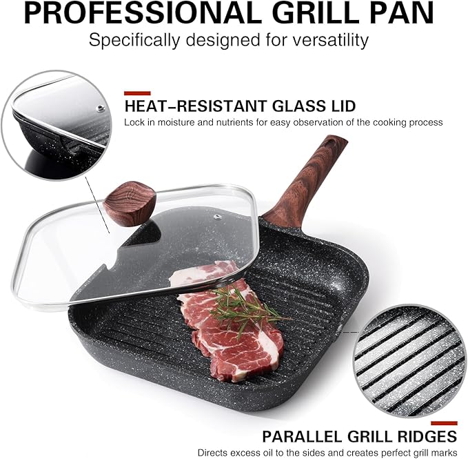 Nonstick Grilling Pan with Lid for Stove Tops, 11 Inch Square Grill Pan for Indoor Cooking, Granite Coating Grill Skillet with Pour Spouts, Versatile Griddle, Induction Steak Pan, PFOA Free