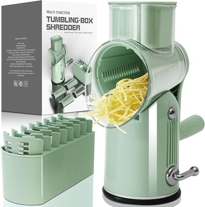 Rotary Hand Crank Cheese Grater, 5-in-1 Replaceable Stainless Blades Vegetable Shredder with Handle and Strong Suction Base, Easy-Clean Multipurpose Kitchen Slicer with Blade Storage Box(Green)