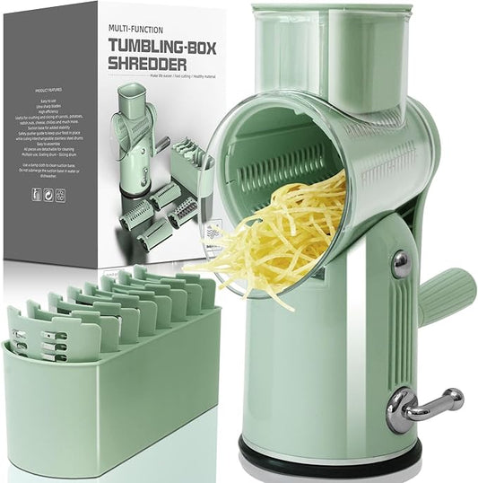 Rotary Hand Crank Cheese Grater, 5-in-1 Replaceable Stainless Blades Vegetable Shredder with Handle and Strong Suction Base, Easy-Clean Multipurpose Kitchen Slicer with Blade Storage Box(Green)