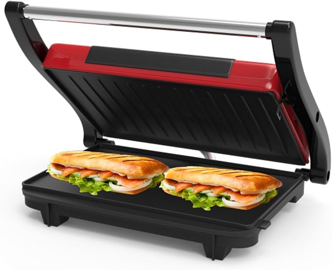 Panini Press - Sandwich Maker with Nonstick Plates - Indoor Countertop Grill for Cooking Burgers, Steak, Grilled Cheese, and More by Chef Buddy (Red)