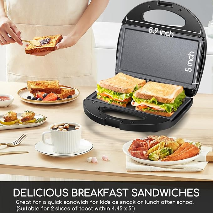 Aigostar Sandwich Maker with Non-stick Deep Grid Surface for Egg, Ham, Steaks Compact Electric Grill Tostadora de Pan Black, ETL Certificated, Roy
