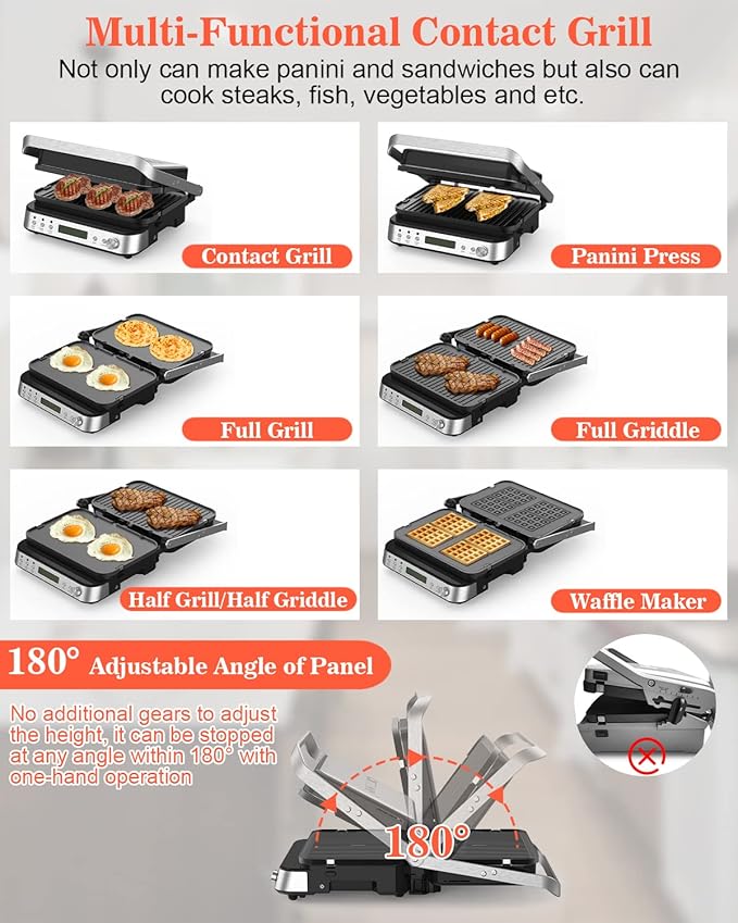 Panini Press Grill Sandwich Maker with Removable Plates, Cattleman Cuisine 6 in 1 Indoor Grill with Meat Thermometer, Electric Contact Grills for Kitchen, Stainless Steel, 1600W