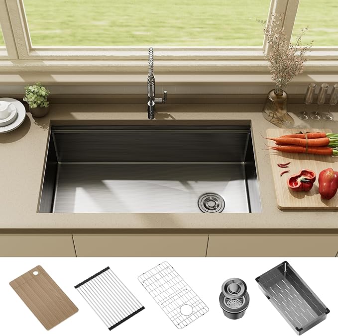 33 Inch Undermount Black Stainless Steel Kitchen Sink,33x19x9 Inch Deep Single Bowl Kitchen Sinks,16 Gauge Workstation KitchenSink, Modern Undermount Kitchen Sink with Ledge and Accessories