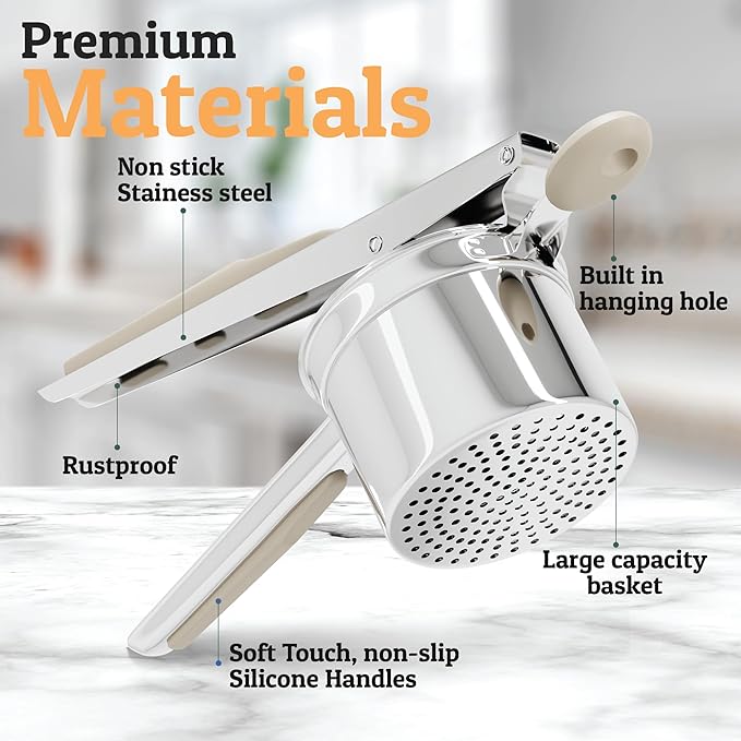 PriorityChef Large 15oz Potato Ricer, Heavy Duty Stainless Steel Potato Masher and Ricer Kitchen Tool, Press and Mash Kitchen Gadget For Perfect Mashed Potatoes - Everytime, Khaki