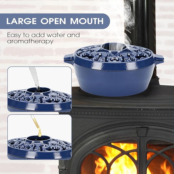 Wood Stove Steamer,2.5Quart Cast Iron Humidifier for Wood Stove,Large Capacity Wood Stove Humidifier,Large Diameter Mouth Lattice Top Rust Resistant Fireplace Humidifier Pot,Black