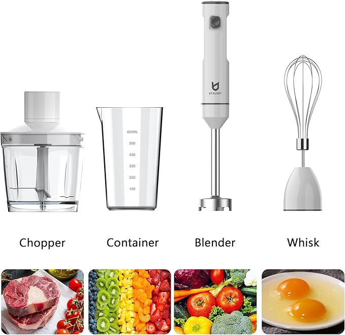 Cordless Hand Blender, UTALENT Variable Speed Immersion Blender Rechargeable, with 500ml Chopper, 600ml container, Egg Whisk, for Smoothies, Baby Food and Soups – White