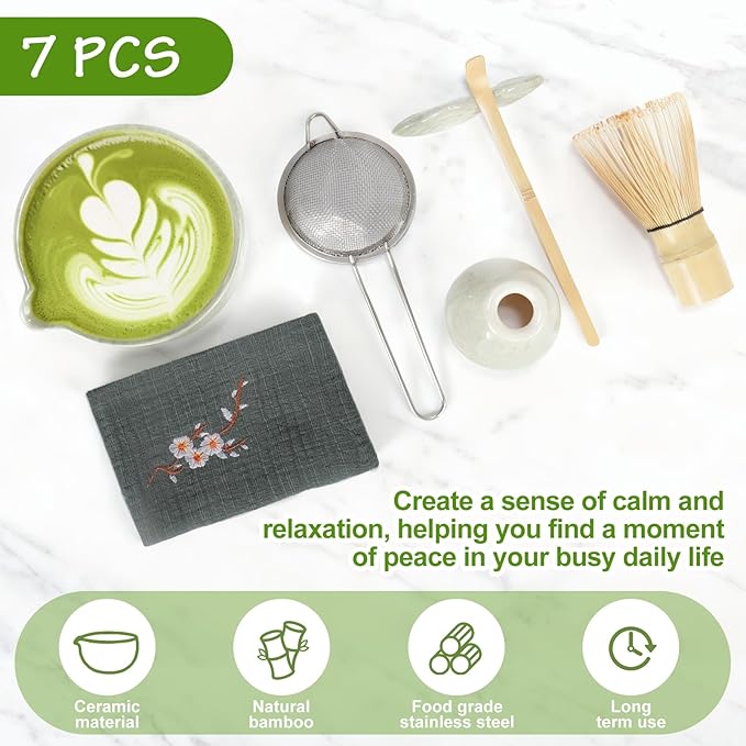 7Pcs Matcha Whisk Set,Ceramic Matcha Tea Set Includes Whisk Matcha Bowl Scoop and Whisk with Holder Sifter Towel,Elegant Matcha Kit Gift for Matcha Enthusiasts and Tea Lovers(Matcha Green)