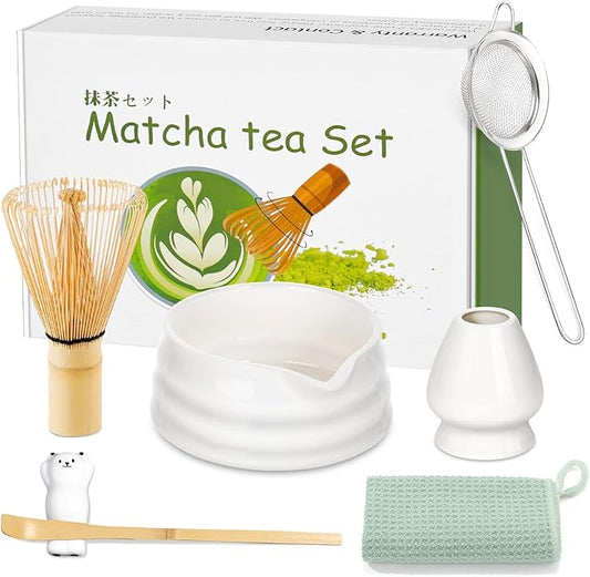 7 Pcs Matcha Whisk Set Macha Kit with Chawan Spout Bowl Bamboo Brush Chasen Holder Powder Starter Sifter Ceramic Japanese Making Matcha Tea Tool with Spoon and Tea Towel for Ceremony Gift (White)