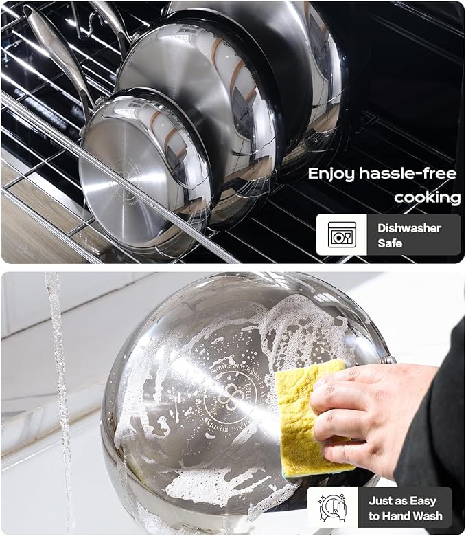 12" Stainless Steel Frying pan W/Lid, 3-Ply Stainless Steel Pan, Induction, Oven Broiler Safe 600F Skillet, Professional Cookware, Polished Sliver