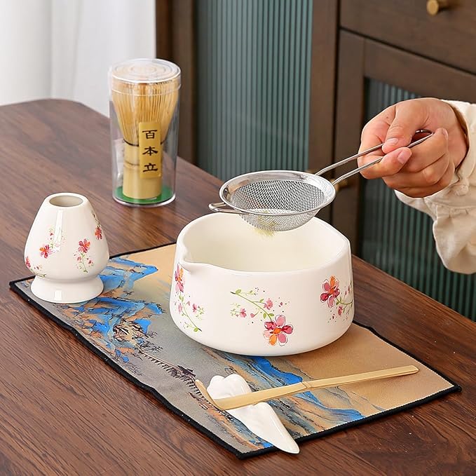 Matcha Set 7-Piece matcha whisk set Kit with Ceramic Bowl, Bamboo Whisk & Holder, 1 Scoops, Strainer, Tea Cloth Pink gift box (white)
