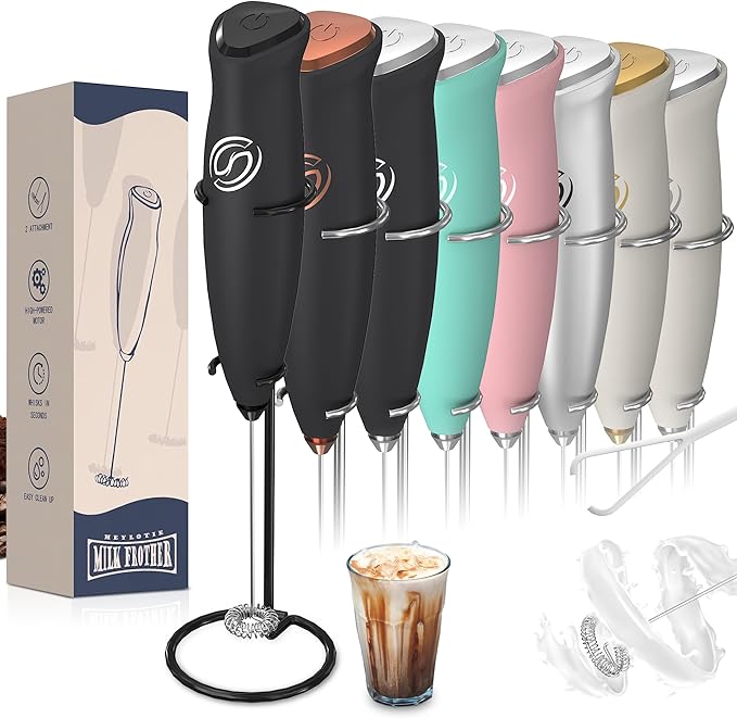 Milk Frother With Stand Handheld Drink Mixer Handheld with 2 Whisks Milk Frother Wand Coffee Frother Electric Whisk Stirrers Electric Milk Frother for Coffee Mixer Wand-Night Black