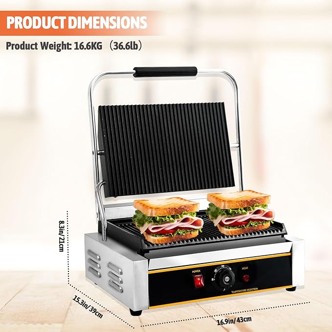 Commercial Panini Press Grill 2200W Countertop Electric Sandwich Maker with Adjustable Temp Control, Grooved Plates Grill, for Burgers Steaks Panini