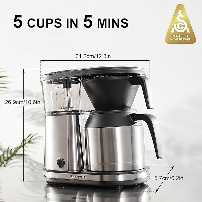 Bonavita 5 Cup Drip Coffee Maker Machine, One-Touch Pour Over, Auto Pause Brewing with Stainless Steel Double Wall Thermal Carafe, SCA Certified, Dishwasher Safe, BV1500TS