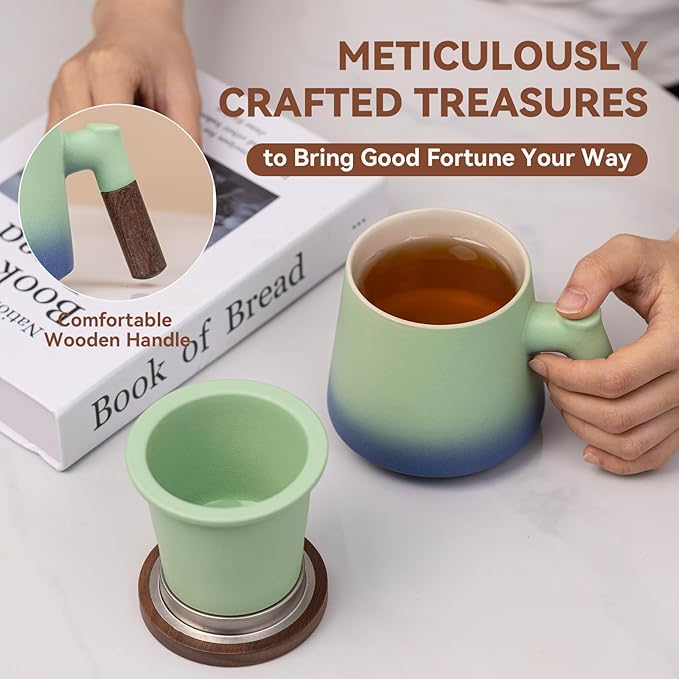 Tea Cup with Infuser and Lid 14oz - Kiln-Fired Ceramic Mug with Turquoise-Blue Gradient, Wood Lid & Handle Loose Leaf Tea Set, Anniversary Birthday Gift