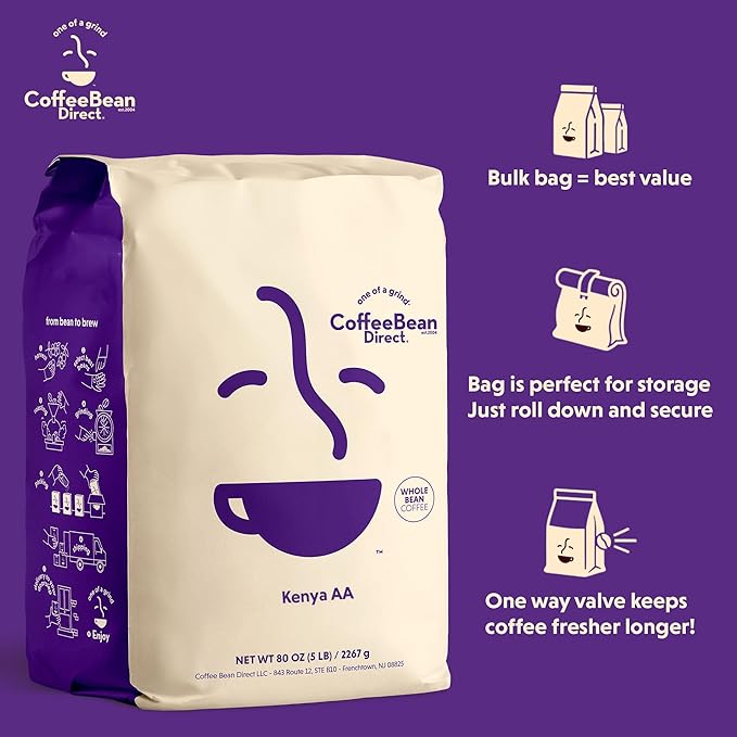 Coffee Bean Direct Kenya AA, Whole Bean Coffee, Light Roast, 5 Pound Bag (Pack of 1)