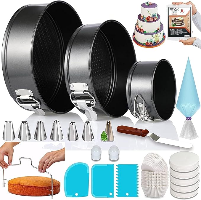 RFAQK 100pcs Cake Pan Sets for Baking + Cake Decorating Supplies: 3 Non-Stick Springform Pans Set (4, 7, 9 inches), Icing Tips, Cake Leveler – Multi-functional Leak-Proof CheeseCake Pan & eBook