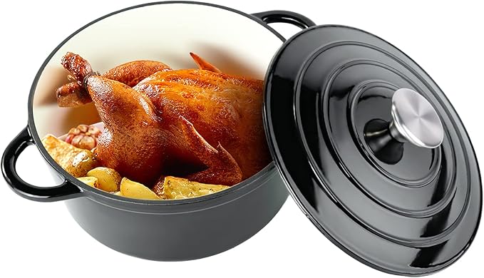 Miereirl 4.5 Quart Enameled Dutch Oven Pot with Lid, Cast Iron Dutch Oven with Dual Handles for Bread Baking, Cooking, Non-stick Enamel Coated Cookware (Black)