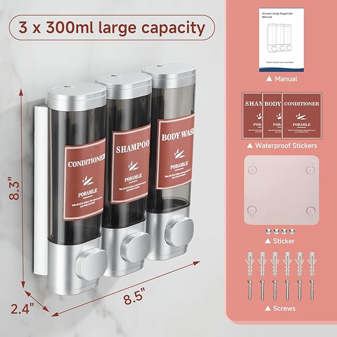 Shampoo and Conditioner Dispenser Wall Mounted Shower Soap Dispenser No Drill Shampoo Dispenser for Shower 3 Chamber Bathroom Body Wash Shower Gel Holder Sliver