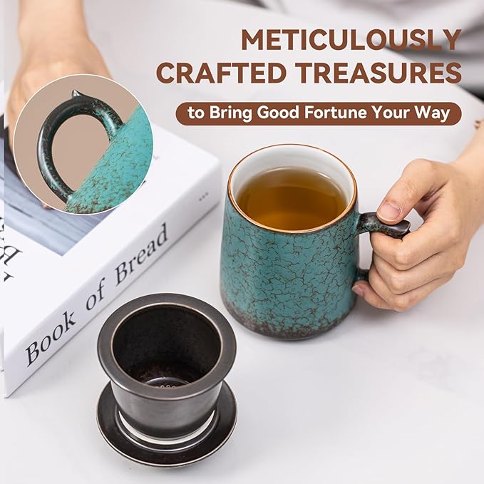 Tea Cup with Infuser and Lid 15oz - Kiln-Transformed Ceramic Mug with Peacock Glaze, Unique Loose Leaf Tea Set, Anniversary Birthday Gift
