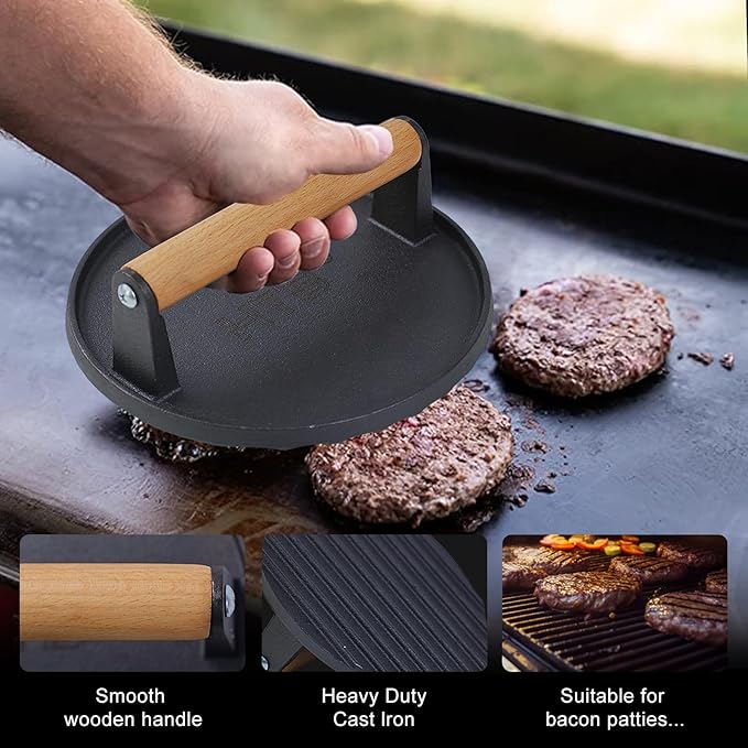 HTB Heavy-Duty Cast Iron Barbecue Press, Wood Handle Meat Steak Smash for Juicy Crispy Burgers on BBQ, Griddle, Camping Round
