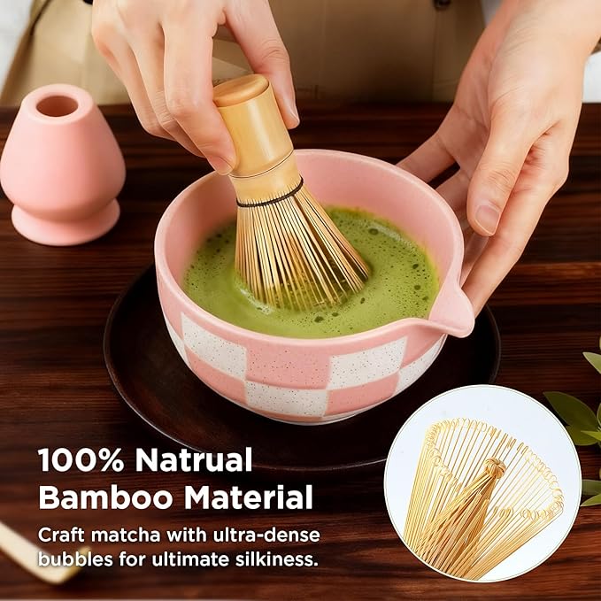Matcha Whisk Set Gift Box - Pink Matcha Set with Whisk and Bowl, 7 Pcs Matcha Kit Includes Ceramic Matcha Bowl, Bamboo Whisk & Holder, Scoop & Rest, Sifter and Tea Towel, Complete Matcha Making Kit