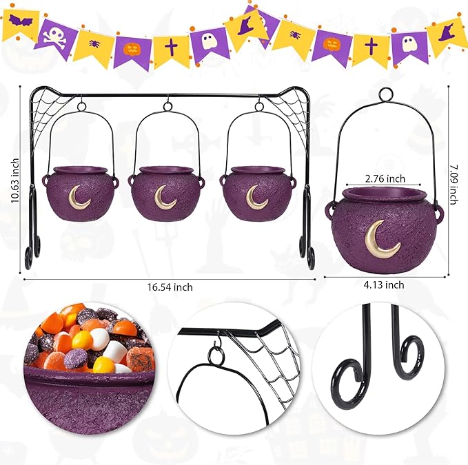 Halloween Decor Halloween Party Decorations Set of 3 Witches Cauldron Serving Bowls on Rack Black Resin Cauldron for Indoor Home Kitchen Decoration Purple Moon