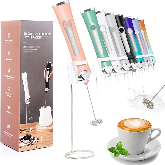 Rechargeable Milk Frother Handheld For Coffee,3 Speeds Frother Wand With Stand, Batidora De Mano Electrica, With 2 Heads,Drink Mixer Electric Handheld,Kitchen Essentials (Pink)