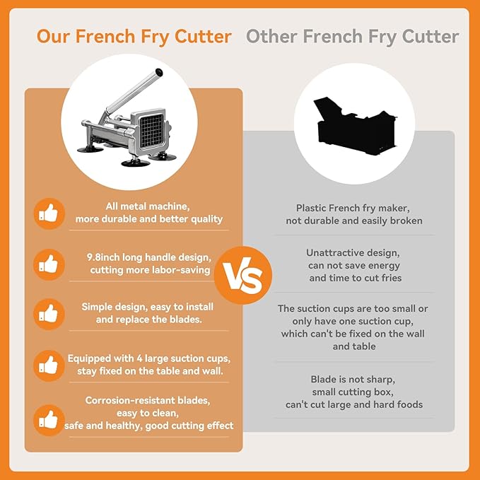Commercial French Fry Cutter Stainless Steel.Potato Cutter for French Fries with 1/2Inch Blade, Commercial French Fry Cutter Manual Potatoes Cutting Machine with Suction Feet.