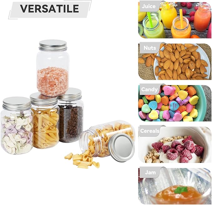 novelinks 16 oz Clear Plastic Jars with Screw-On Lids - BPA-Free Refillable Storage Containers for Slime, Food, Crafts, Kitchen & Household Use (20 Pack,Silver)