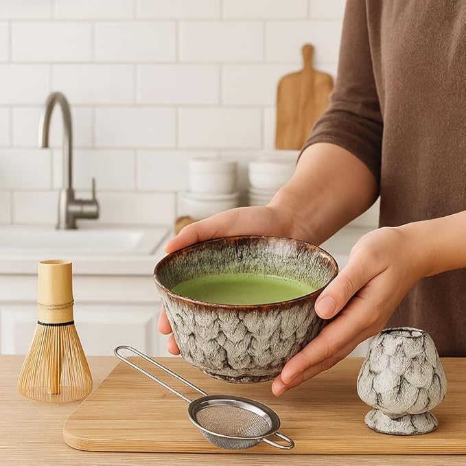 Matcha Whisk Set, 2025 New Ceramic Matcha Set Includes Matcha Bowl, Bamboo Scoop,Sifter, Whisk and Holder- 5 Pcs Kit for Matcha Lovers (Snowflake White)