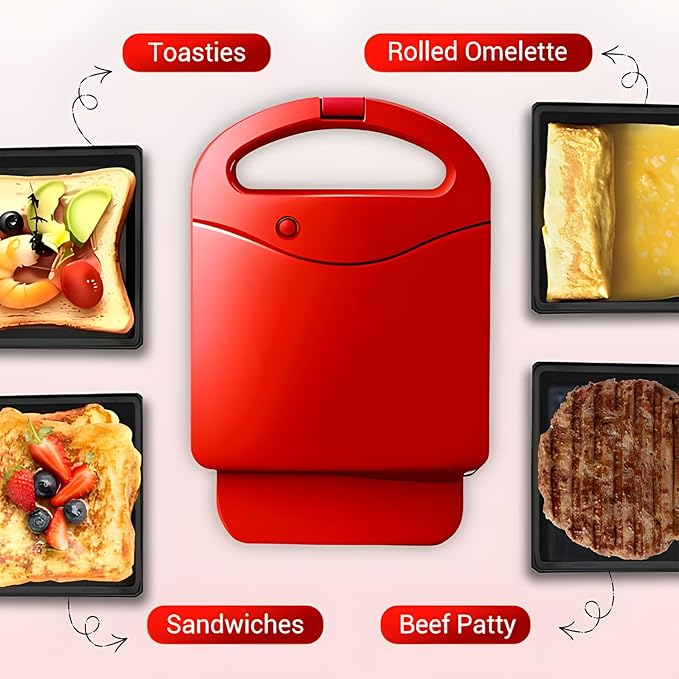Sandwich Maker, Household Multi-Functional Breakfast Griller, Dual Non-Stick Plates, Fast Heating Electric Omelet, French Toast Panini Press, Tuna Melts, Cool Touch Handle for Camping Barbecue (Pink)