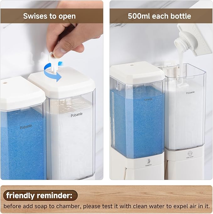 Shampoo and Conditioner Dispenser Wall Mounted, Shower Soap Dispenser No Drill Upadate Easy Slot Install, Shampoo Dispenser for Shower Bathroom Large Capacity 500ml * 2 Chamber Holder White