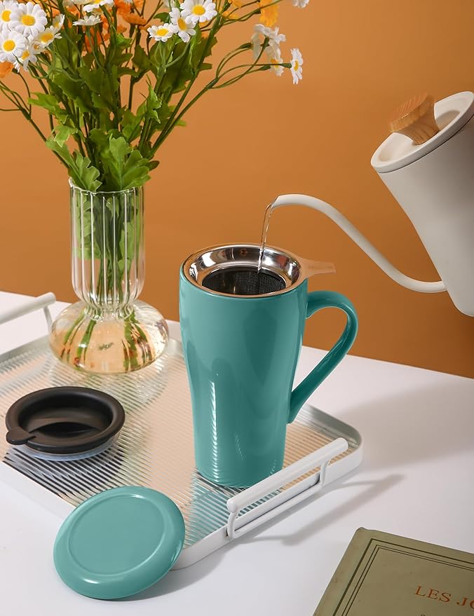 Tea Mug with Infuser and Lid, 18oz Large Tea Infuser Cup, Porcelain Tea Cup with Strainer & Silicone Lid, Tea Mug Set for Birthday, Mother's Day, Father's Day (Mint Green)