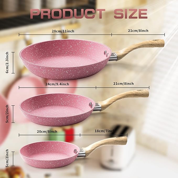 Frying Pan Nonstick, 9.5 Inch Pink Egg Pan, Non Stick Fry Pan 100% PTFE PFOA-Free Omelet Skillet Pan, Toxin-Free Skillets Stone Cookware, Anti-Warp Base with All Stove Tops, Induction Compatible