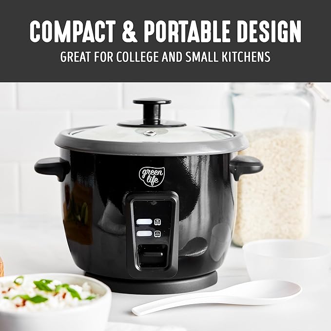 GreenLife Electric Rice Cooker, 3-Cups Uncooked/6-Cups Cooked, Removable PFAS-Free Nonstick Pot, One-Switch Design, Auto Keep Warm, Small Space Saving, Rice Paddle, Soup, Grains, Oatmeal, 1.5 QT, Black