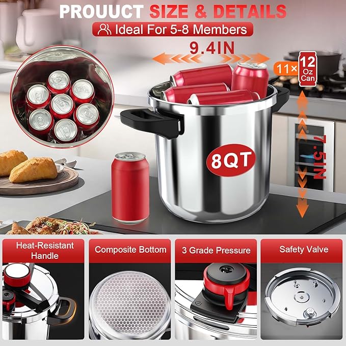 18/8 Stainless Steel Pressure Cooker 8 Qt, [One-Hand Locking] Pressure Cooker,[3-In-1] Olla de Presion, Induction,Gas Stovetop Compatible, Includes Glass Lid & Steamer Rack