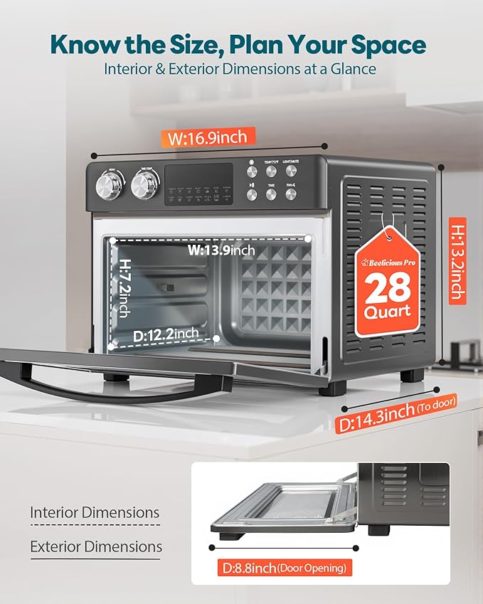 28QT Air Fryer Toaster Oven Combo, Large 12-in-1 Convection Countertop Oven with Next-Gen HeatWave Convection, 3-Layer Cooking, Rotisserie for Chicken, Fits 11" Pizza, Full Accessories, Sparkle Black