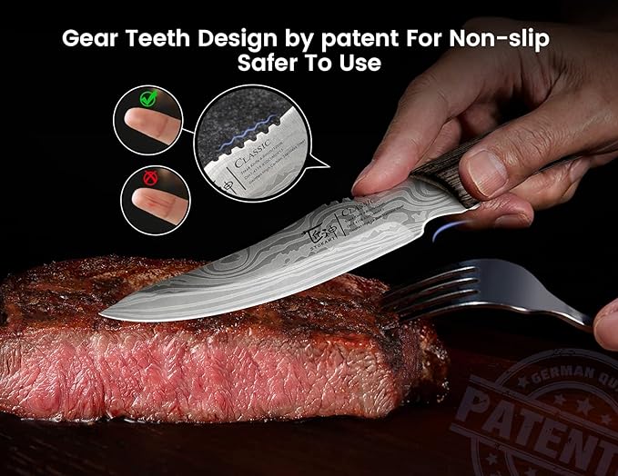 Steak Knives Set of 6, 4.8 Inch High-Carbon Japanese Style Non-serrated Steak Knife with Wood Handle, Damascus Pattern Full Tang Design, Razor-Sharp Dinner Knives with Gift Box