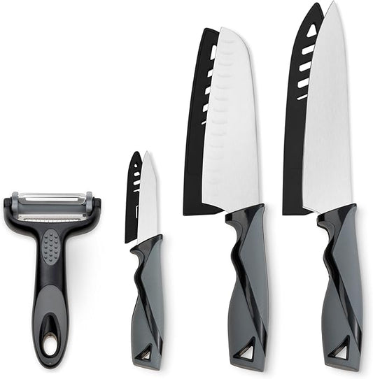DFACKTO 7-Piece Kitchen Knife Set with Vegetable Peeler without Block – Stainless Steel Knives for Kitchen, Dishwasher Safe Cooking Knife Set with Covers, Sharp Cutting Knives for Cooking – Black Gray