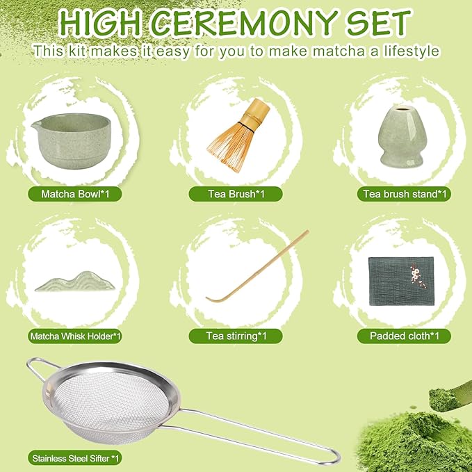 7Pcs Matcha Whisk Set,Ceramic Matcha Tea Set Includes Whisk Matcha Bowl Scoop and Whisk with Holder Sifter Towel,Elegant Matcha Kit Gift for Matcha Enthusiasts and Tea Lovers(Matcha Green)