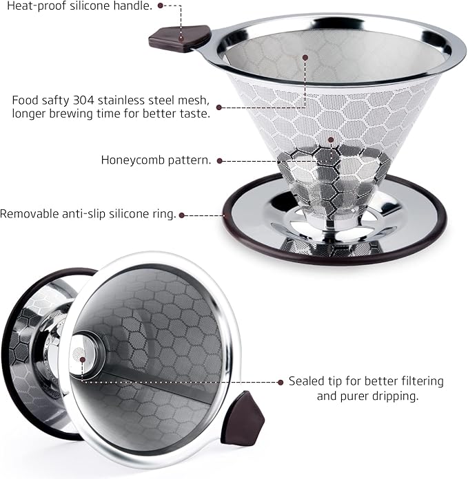 Pour Over Coffee Filter Dripper, Reusable Stainless Steel Metal Drip Coffee Maker Cone, Paperless Permanent Coffee Strainer, Coffee Mesh Filters for 1-4 Cup with Cleaning Brush