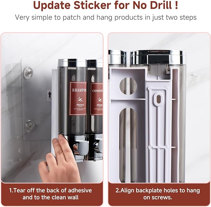 Shampoo and Conditioner Dispenser Wall Mounted Shower Soap Dispenser No Drill Shampoo Dispenser for Shower 2 Chamber Bathroom Body Wash Shower Gel Holder Chrome