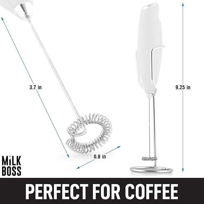 Milk Boss Matcha Whisk - Handheld Electric Stirrer - Frother Wand & Drink Mixer - Durable Stainless Steel - White Ultra Stand