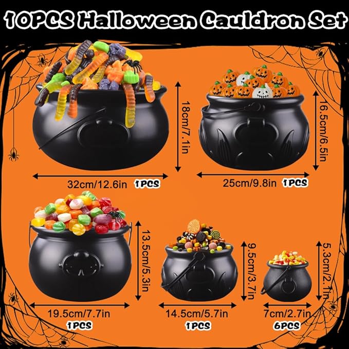 DIYDEC 10 in 1 (12.8", 9.8", 7.6", 5.7", 2.7") Package Halloween Large Cauldron, Black Plastic Witch Cauldron Kettle Candy Holder for Halloween & St. Patrick’s Day Party Favors Decor