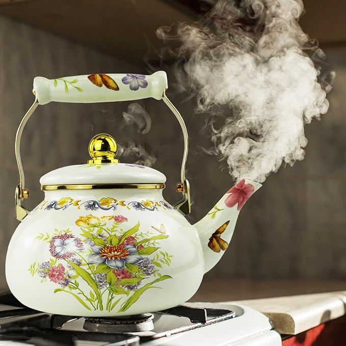 Floral Enamel Tea Kettle Vintage Teapot Colorful Boho Hot Water Bohemian Plant Flowers Print Coffee Kettle Pot 2.5L Porcelain Tea Pot for Stovetop Kitchen Decor