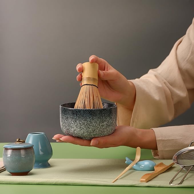 Matcha Tea Set 9 Pcs, Japanese Traditional Bowl, Bamboo Whisk (Chasen), Scoop (Chashaku), Spoon, Stainless Steel Sifter, Holder, Ceramic Powder Caddy