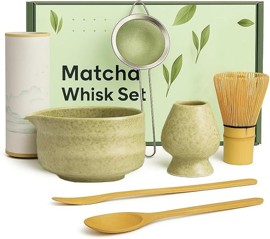 Matcha Whisk Set, Ceramic Matcha Set Includes Matcha Bowl, Matcha Whisk and Holder, Bamboo Scoop, Sifter and Tea Towel - 7 Pcs Matcha Kit for Matcha Lovers