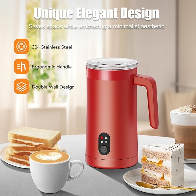 Milk Frother, 4-in-1 Electric Milk Steamer and Frother, 13.5oz/400ml Automatic Large Capacity Warm and Cold Foam Maker, Milk Warmer and Coffee Frother for Latte, Cappuccino, Macchiato(Red)